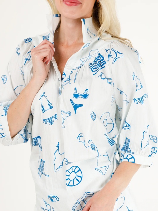 Holly Shae Tops - Holly Shae White Tunic Blouse with Blue summer, pool, swim, vacation Print S/M